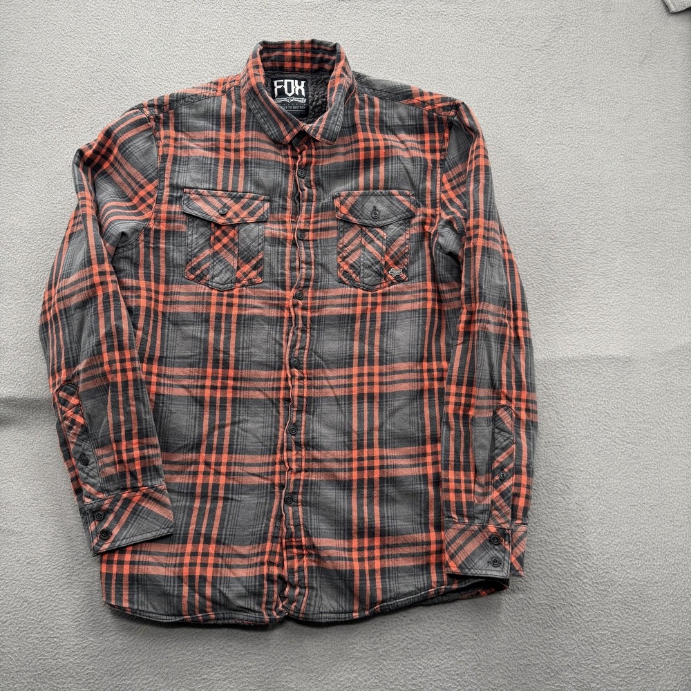 Fox Jacket Mens Medium Gray Plaid Sherpa Lined Quilted Flannel Button Up Outdoor